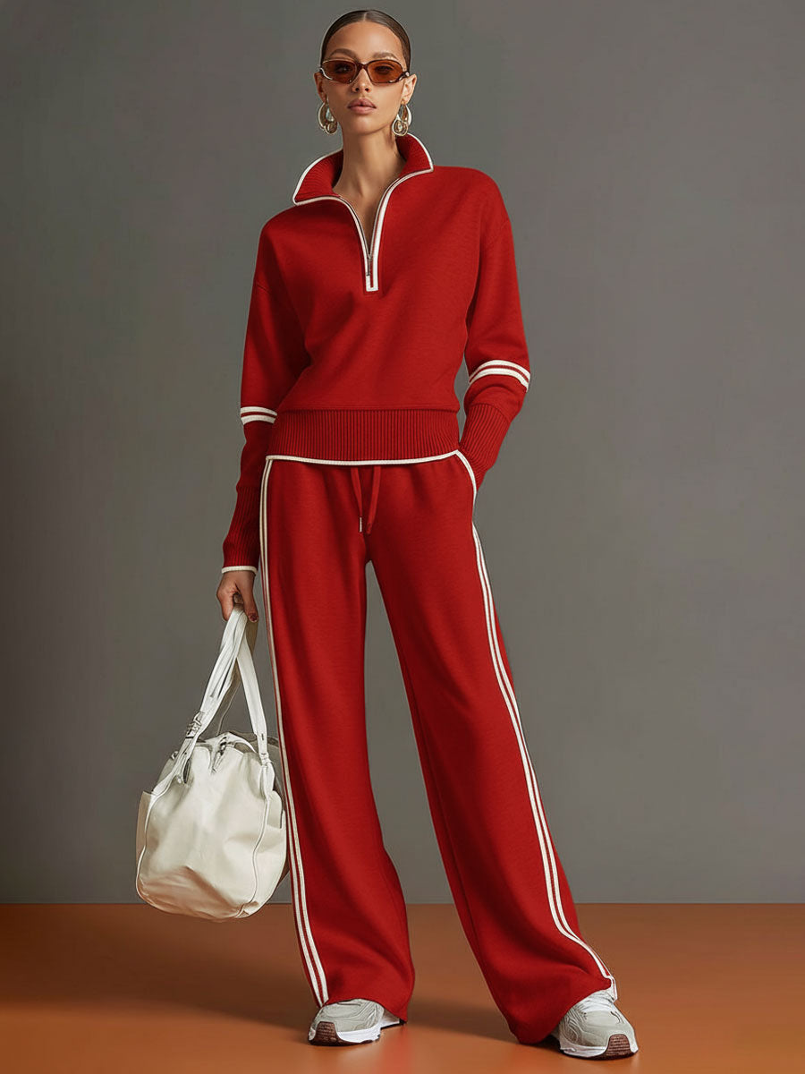 Women's Retro Sporty Set with Half-Zip Sweater and Wide Leg Pants-Metro Lane Plaza