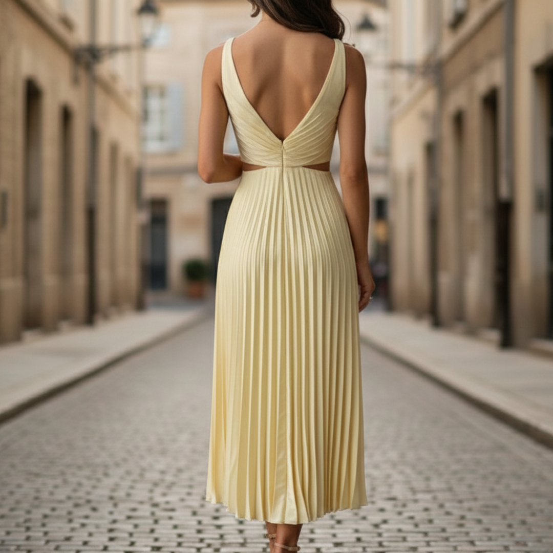 Jennifer | Women's Pleated V Neck Sleeveless Maxi Dress-Metro Lane Plaza