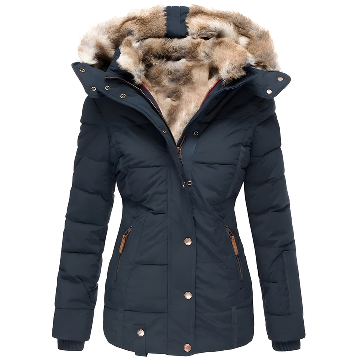Lina | Women's Quilted Long Winter Coat with Removable Fur Hood-Metro Lane Plaza