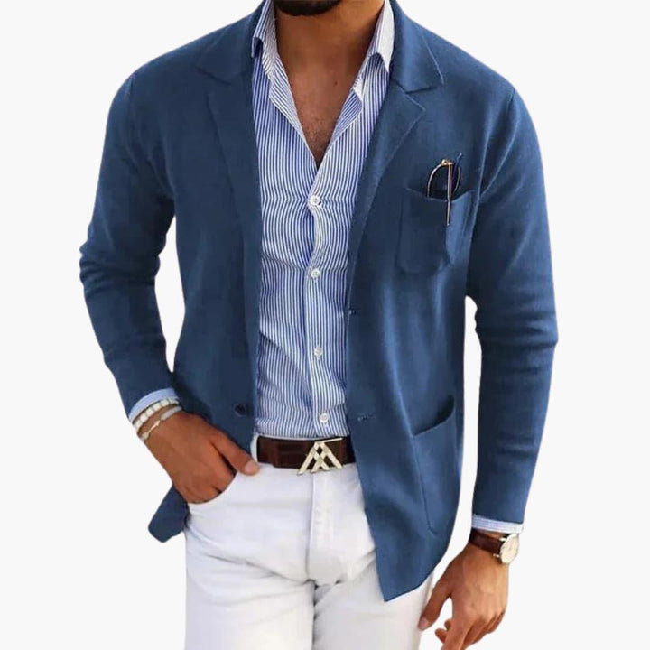 Men's Knit Blazer with Lapel Collar and Button Closure