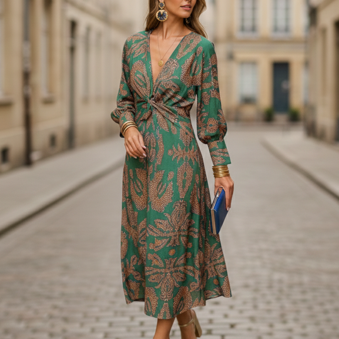 Tanya | Women's Maxi Dress Long Sleeve V-Neck Printed Design-Metro Lane Plaza
