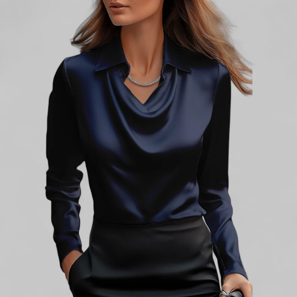 Women's Draped Neck Long Sleeve Satin Blouse-Metro Lane Plaza
