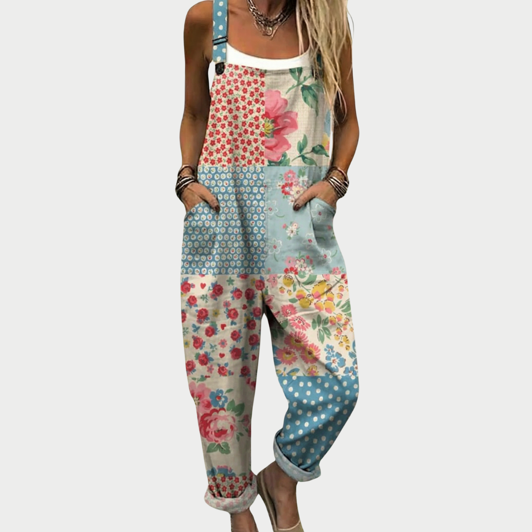 Snygg jumpsuit med flera blommiga lappar för kvinnor