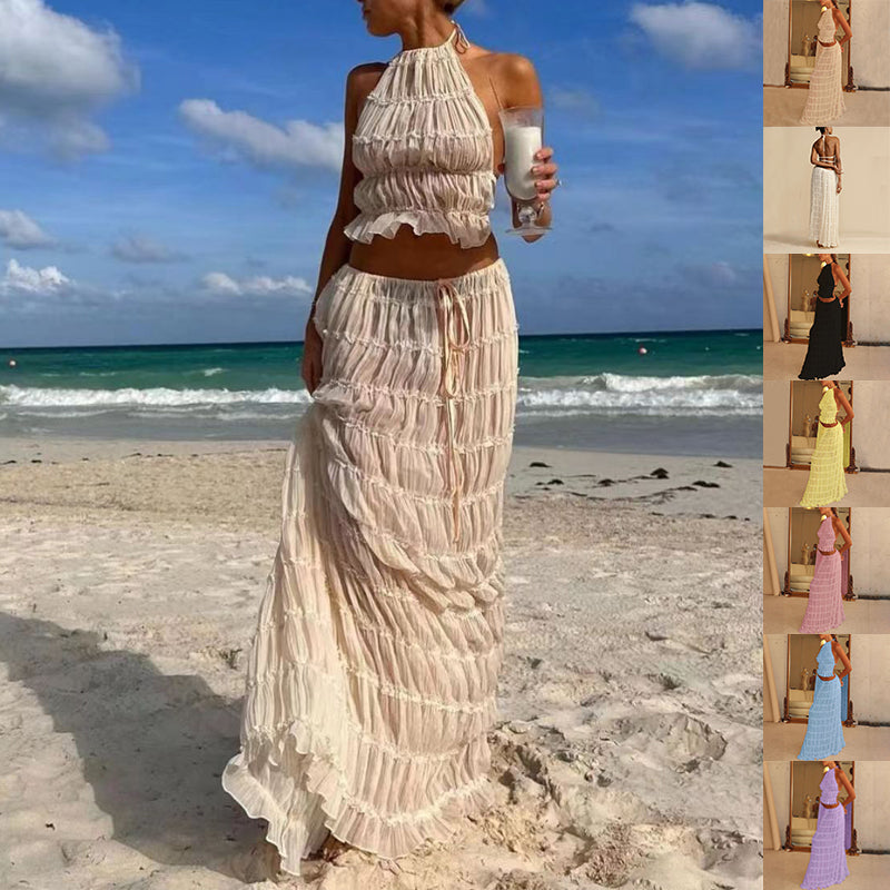 Sophia | Women's 2pcs Dress Suit with Sleeveless Halter Top and Skirt-Metro Lane Plaza