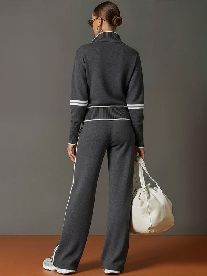 Women's Retro Sporty Set with Half-Zip Sweater and Wide Leg Pants-Metro Lane Plaza