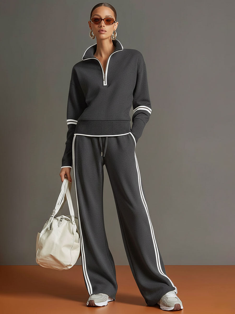 Women's Retro Sporty Set with Half-Zip Sweater and Wide Leg Pants-Metro Lane Plaza