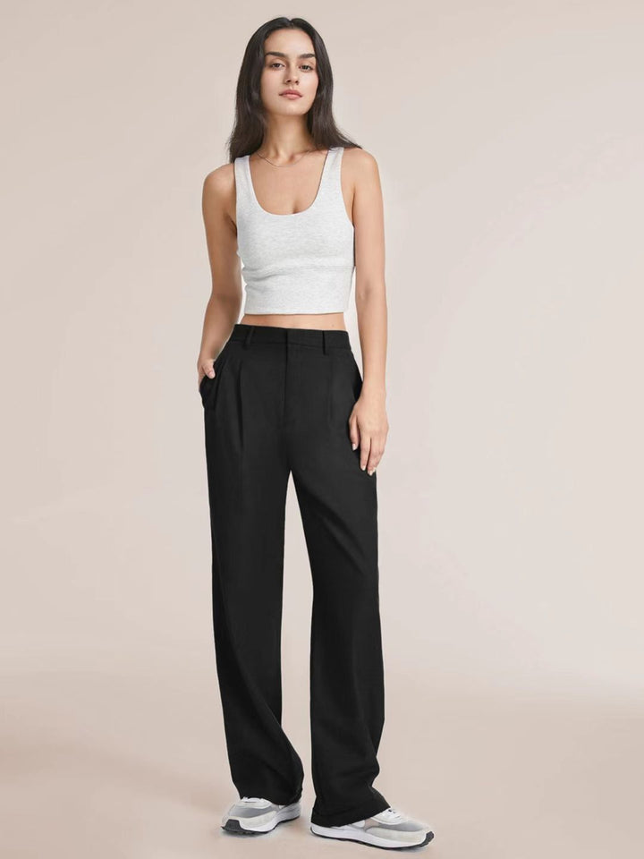 Casual Wide Leg Trousers with Pockets for Women - High Waist Style-Metro Lane Plaza