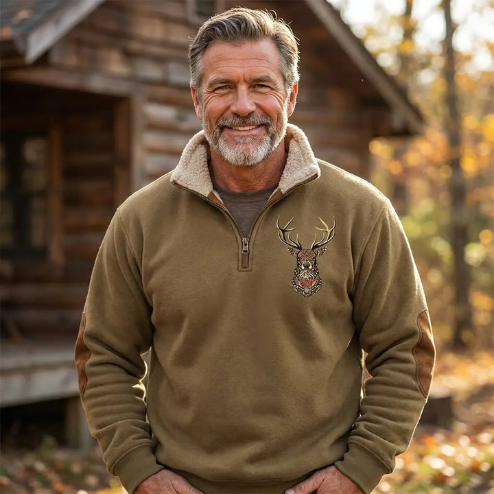 Camisola masculina nórdica com fecho de meio comprimento e veados