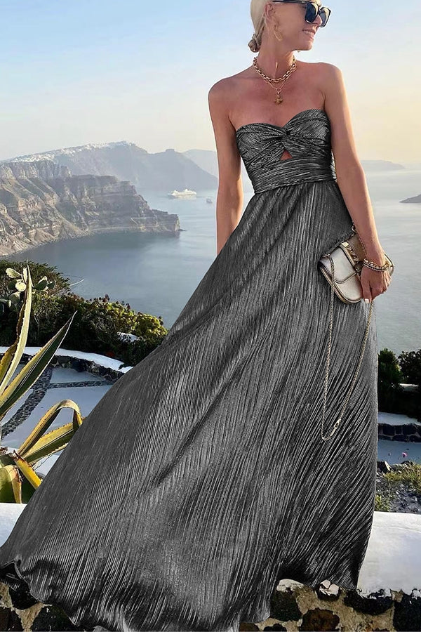 Women's Elegant Strapless A-Line Evening Dress with Pleated Design-Metro Lane Plaza