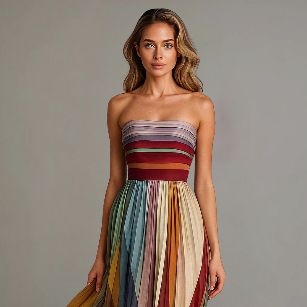 Women's Colorblock Strapless Pleated Maxi Dress-Metro Lane Plaza