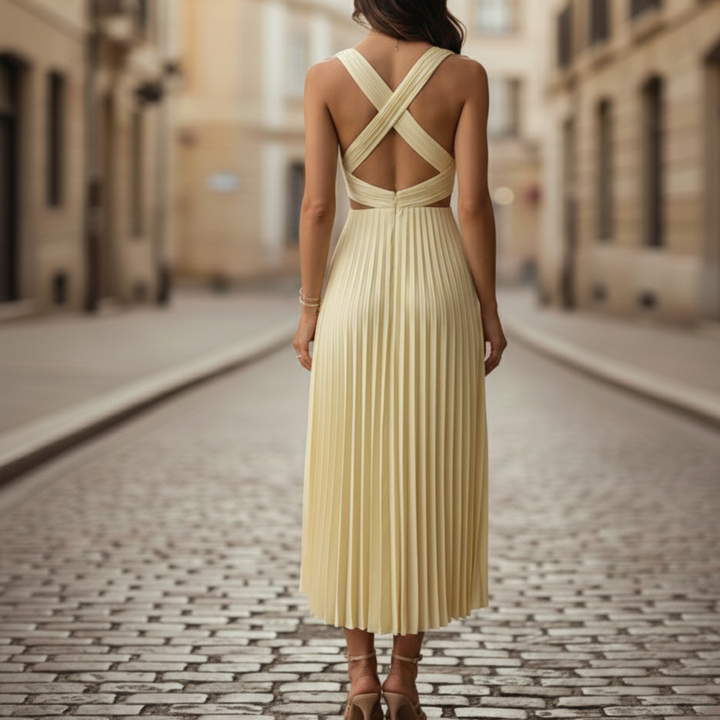 Emily | Women's Pleated V Neck Sleeveless Maxi Dress-Metro Lane Plaza