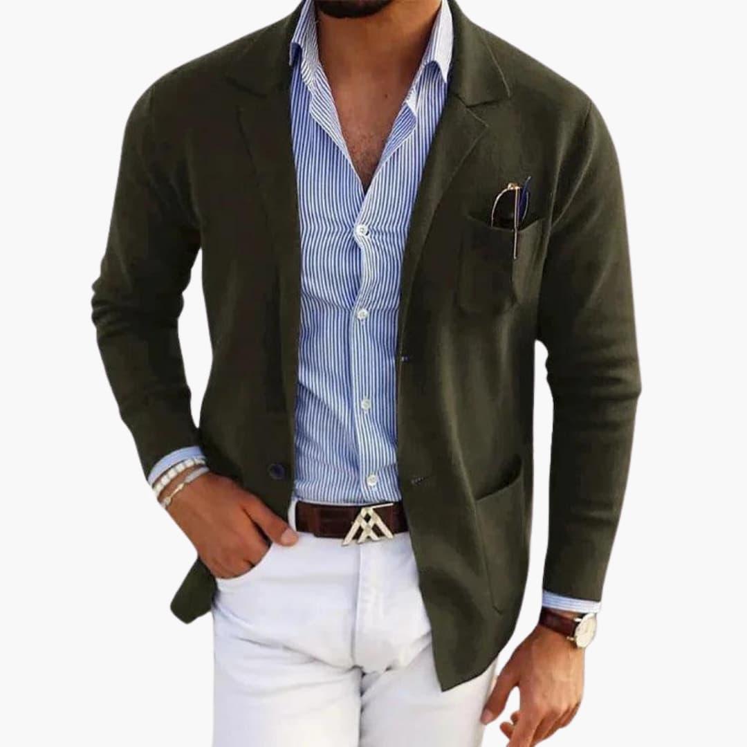 Men's Knit Blazer with Lapel Collar and Button Closure