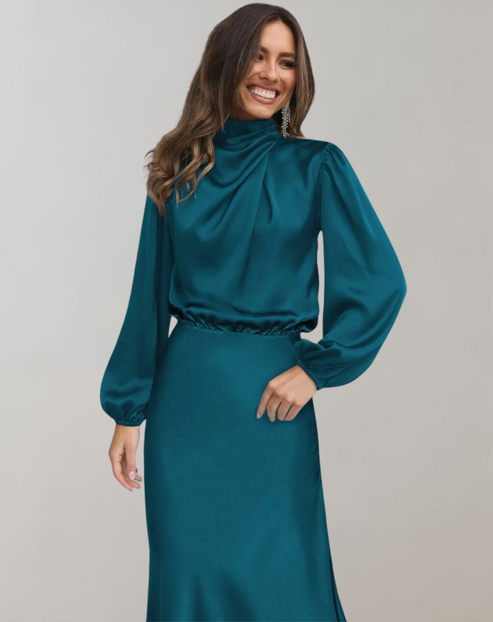Women's Elegant Long Sleeve Satin Dress-Metro Lane Plaza