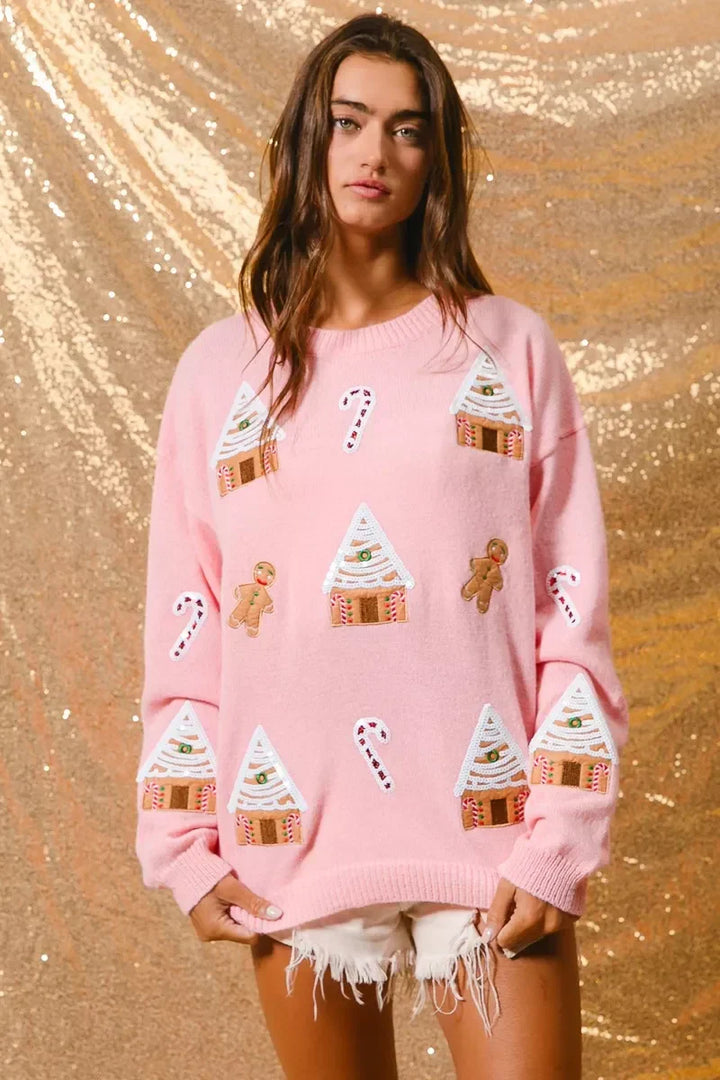 Camisola de gola redonda de inverno com tema natalício para senhora