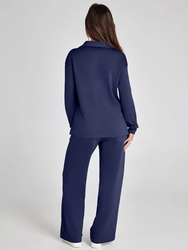 Women's V-Neck Sweater and Wide Pants Two-Piece Set for Fall & Winter-Metro Lane Plaza