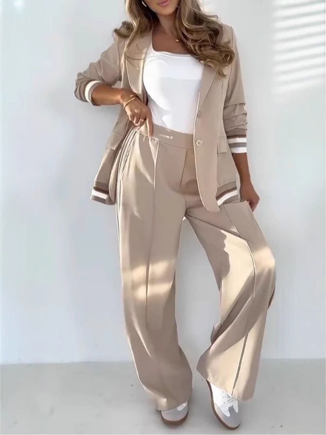 Elegant Women's Suit Set | Long Sleeve Jacket & High Waist Trousers-Metro Lane Plaza