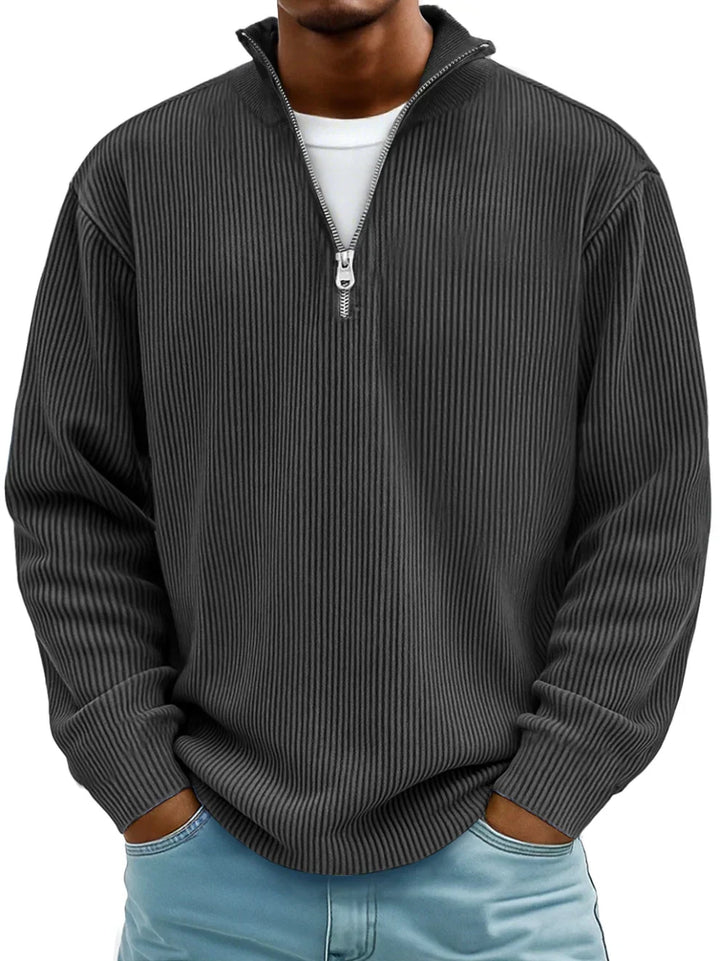 Pull en maille côtelée à manches longues, demi-fermeture zippée, pour homme