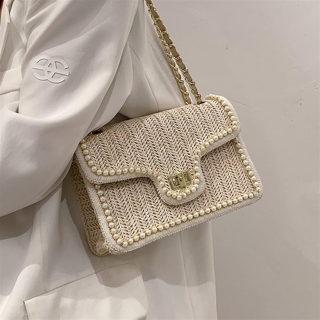 Madelaine | Women's Woven Handbag with Pearl Accents-Metro Lane Plaza