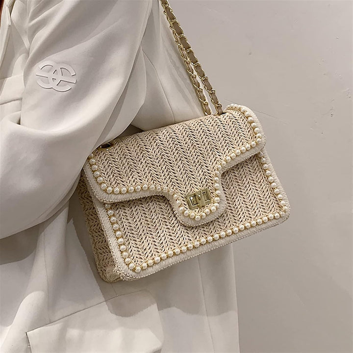 Madelaine | Women's Woven Handbag with Pearl Accents-Metro Lane Plaza