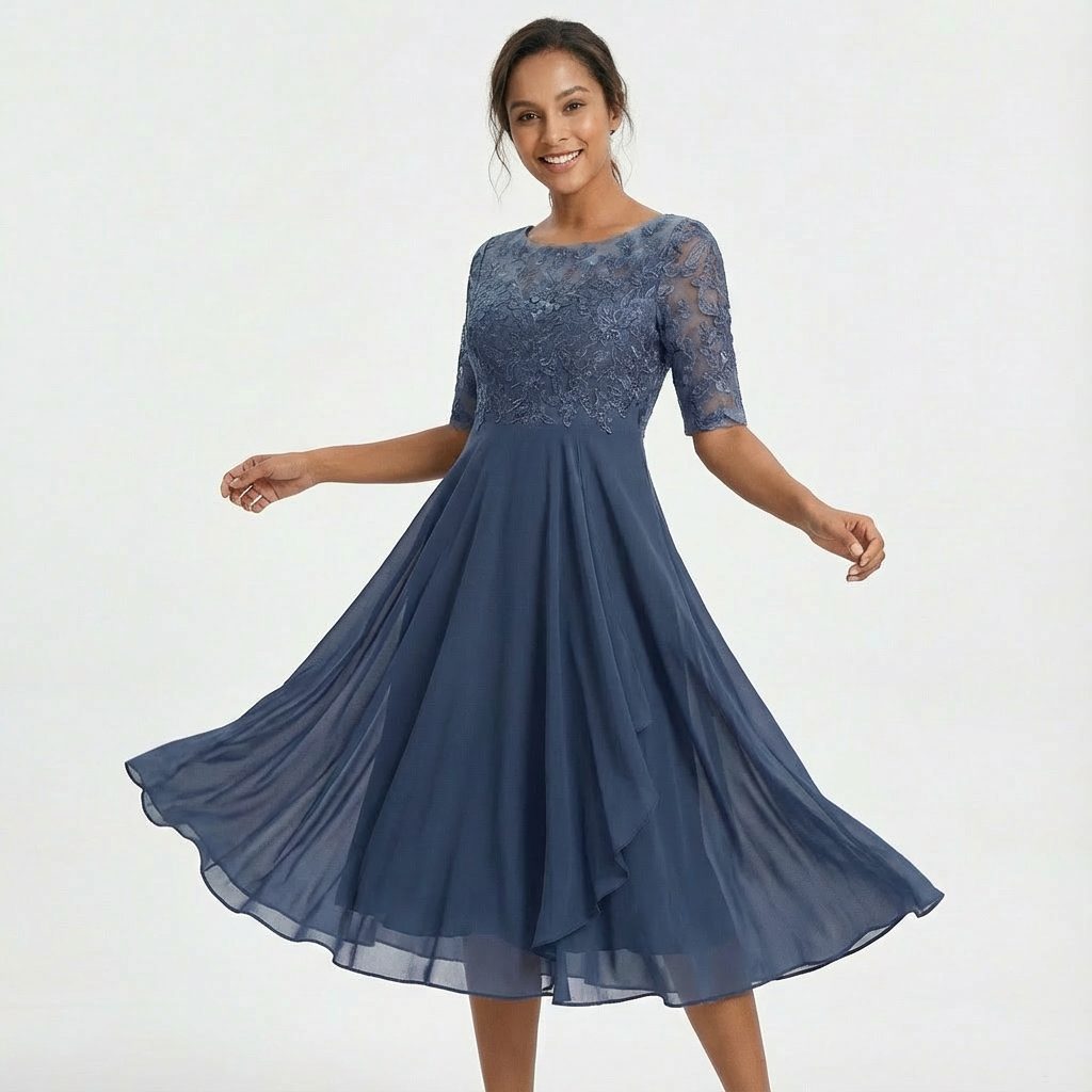 Women's Elegant Lace Midi Dress with Half Sleeves-Metro Lane Plaza