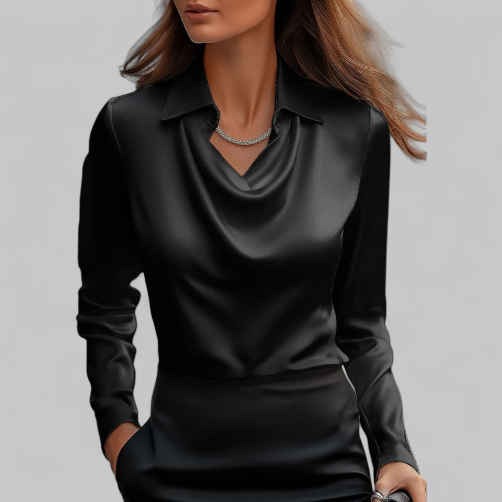 Women's Draped Neck Long Sleeve Satin Blouse-Metro Lane Plaza