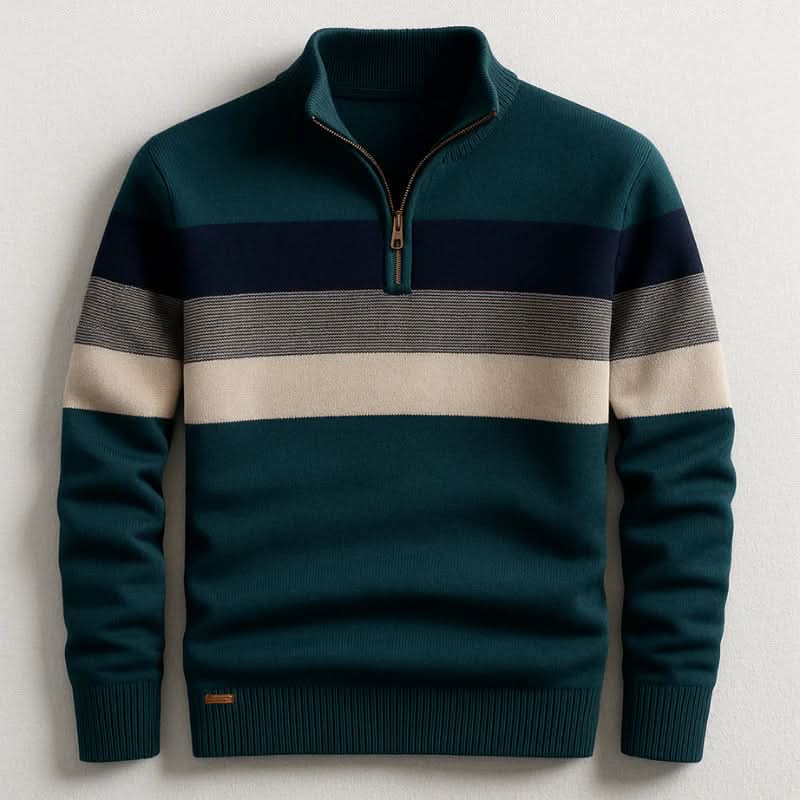 Klassischer Herren-Strickpullover mit Streifen und Viertelreißverschluss