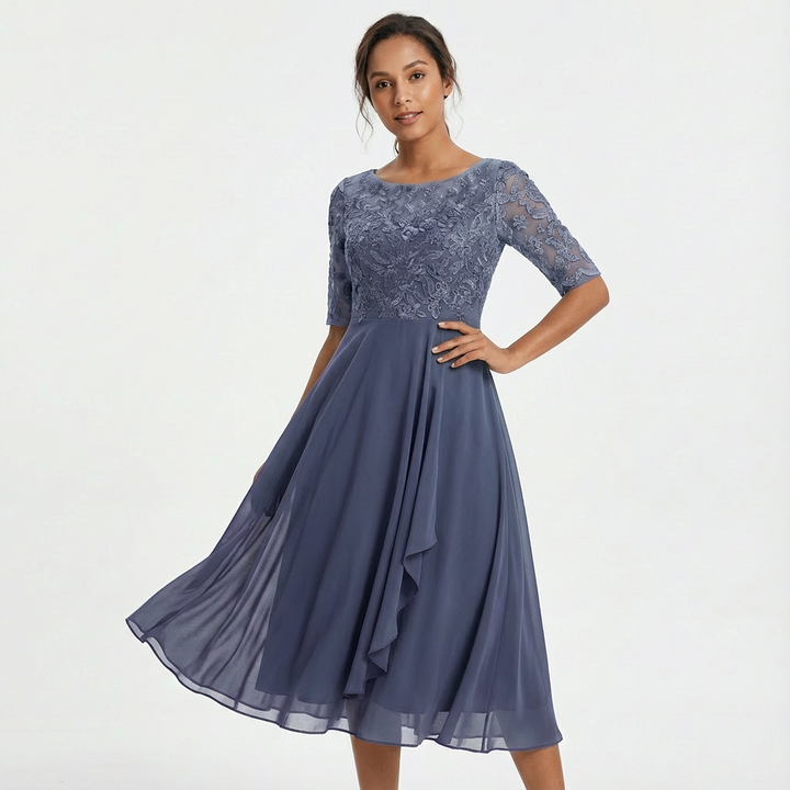 Women's Elegant Lace Midi Dress with Half Sleeves-Metro Lane Plaza