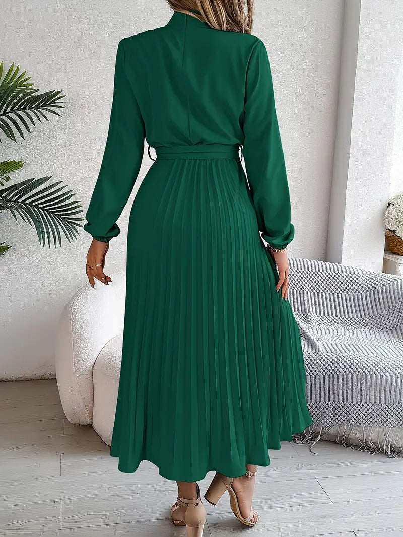 Sophia | Women's Long-Sleeve Pleated Midi Dress with Belted Waist-Metro Lane Plaza