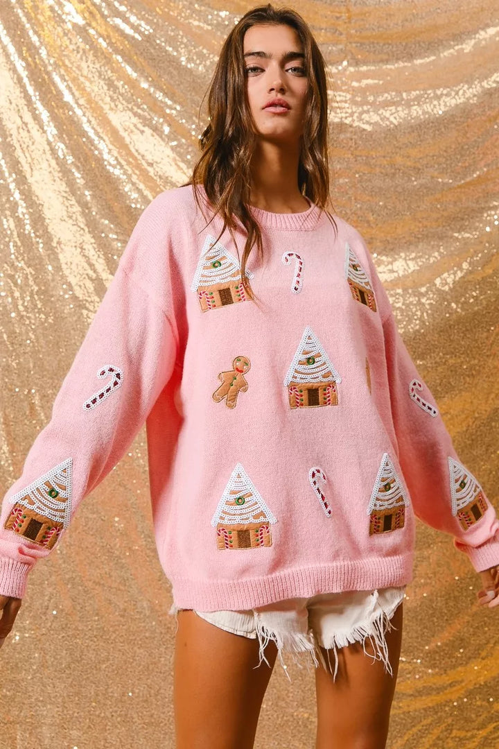 Camisola de gola redonda de inverno com tema natalício para senhora