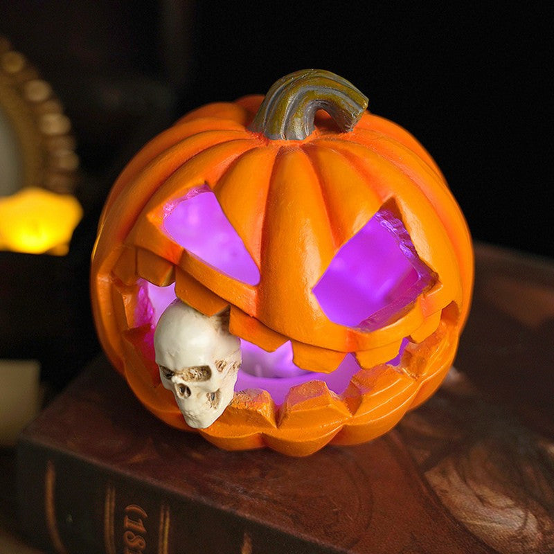 Geschnitzte Kürbislaternen-Dekoration für Damen mit Totenkopfeinsatz aus Kunstharz