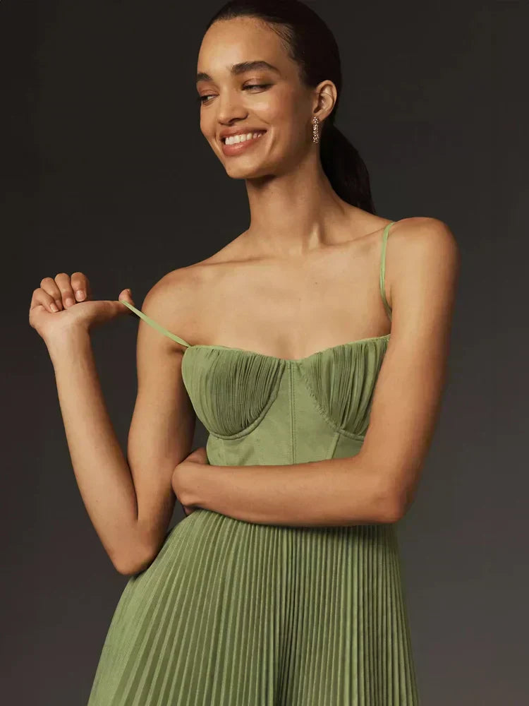 Women's Pleated Spaghetti Strap Midi Dress-Metro Lane Plaza