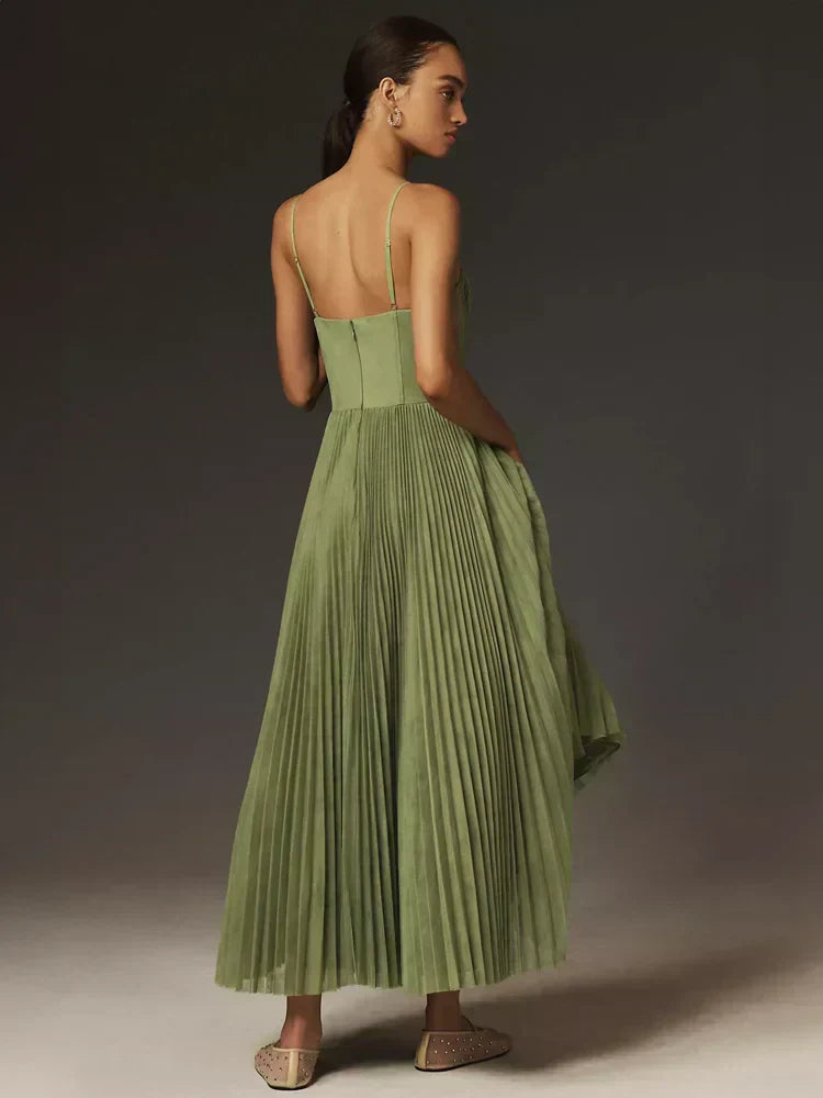 Women's Pleated Spaghetti Strap Midi Dress-Metro Lane Plaza