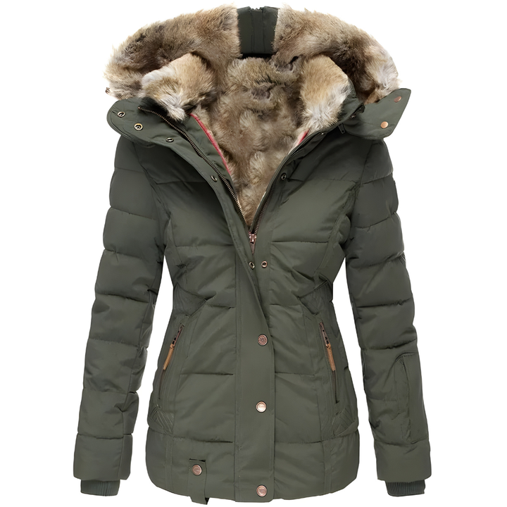 Lina | Women's Quilted Long Winter Coat with Removable Fur Hood-Metro Lane Plaza