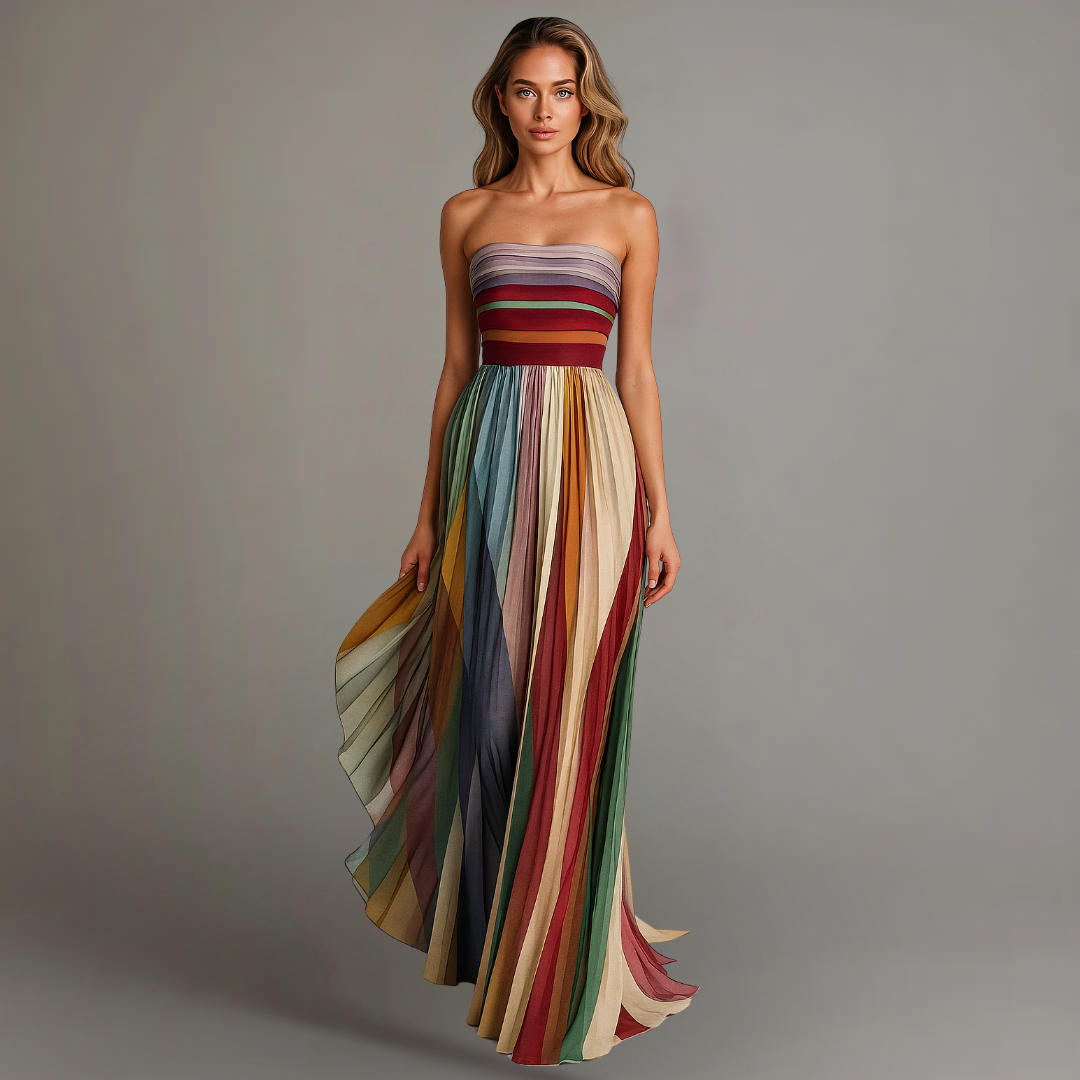 Women's Colorblock Strapless Pleated Maxi Dress-Metro Lane Plaza