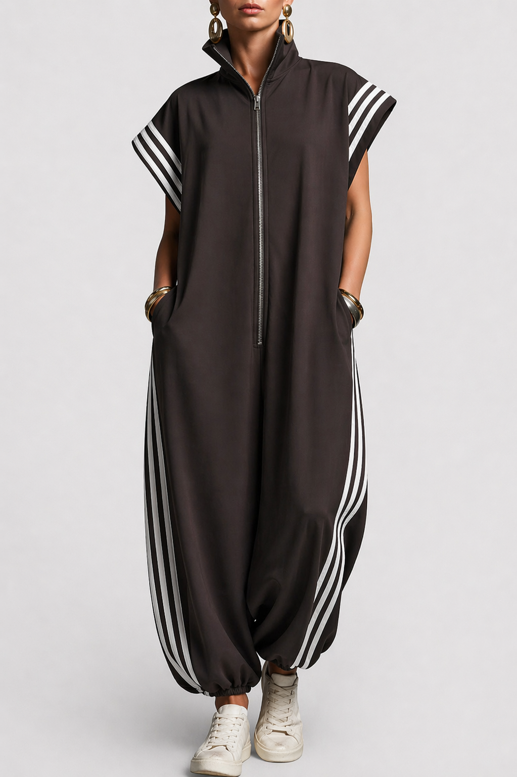 Stilfuld jumpsuit uden ærmer med lynlåskrav(e) til kvinder
