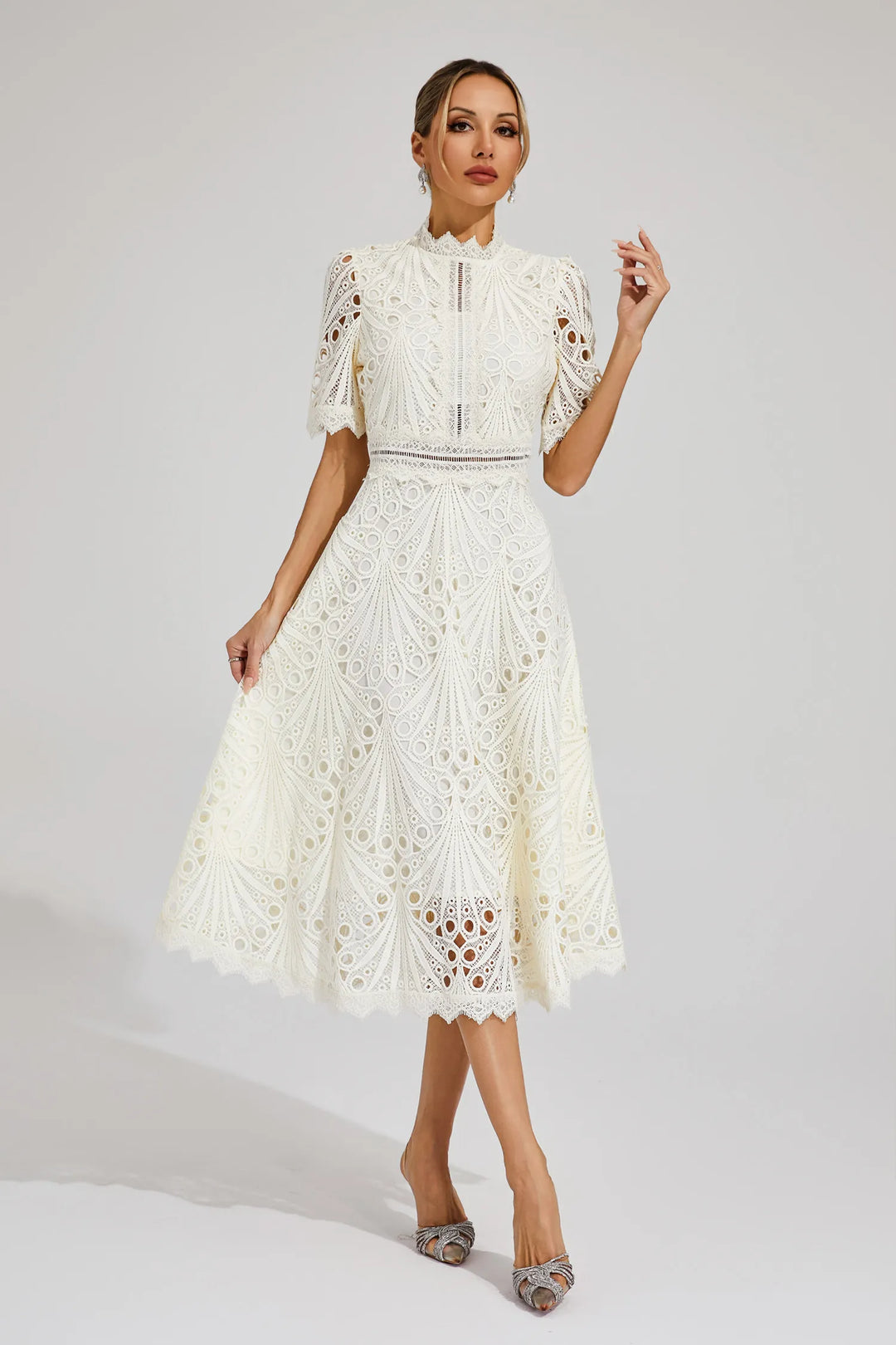 Women's Elegant Lace Midi Dress-Metro Lane Plaza
