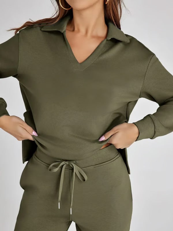 Women's V-Neck Sweater and Wide Pants Two-Piece Set for Fall & Winter-Metro Lane Plaza