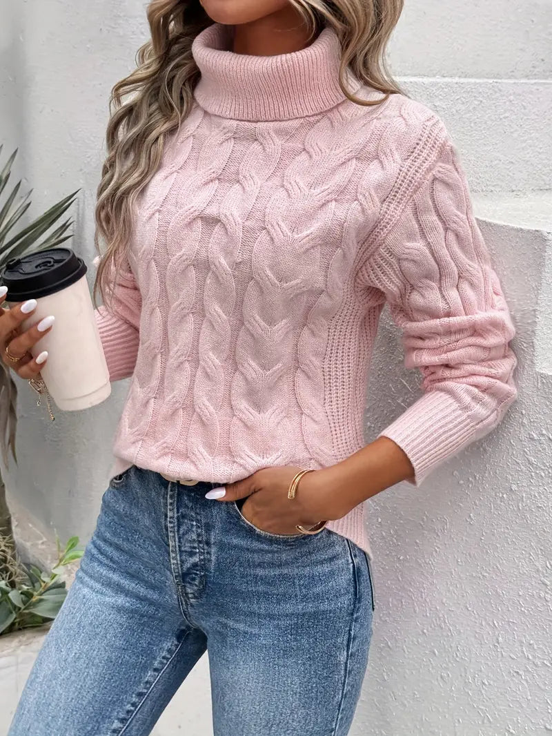 Maglione da donna a trecce con collo alto, caldo e confortevole