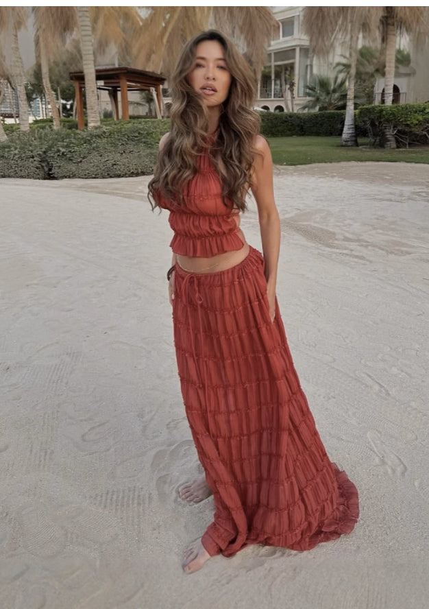 Sophia | Women's 2pcs Dress Suit with Sleeveless Halter Top and Skirt-Metro Lane Plaza