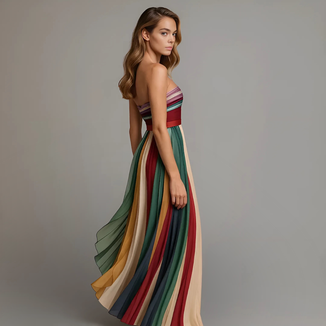 Women's Colorblock Strapless Pleated Maxi Dress-Metro Lane Plaza