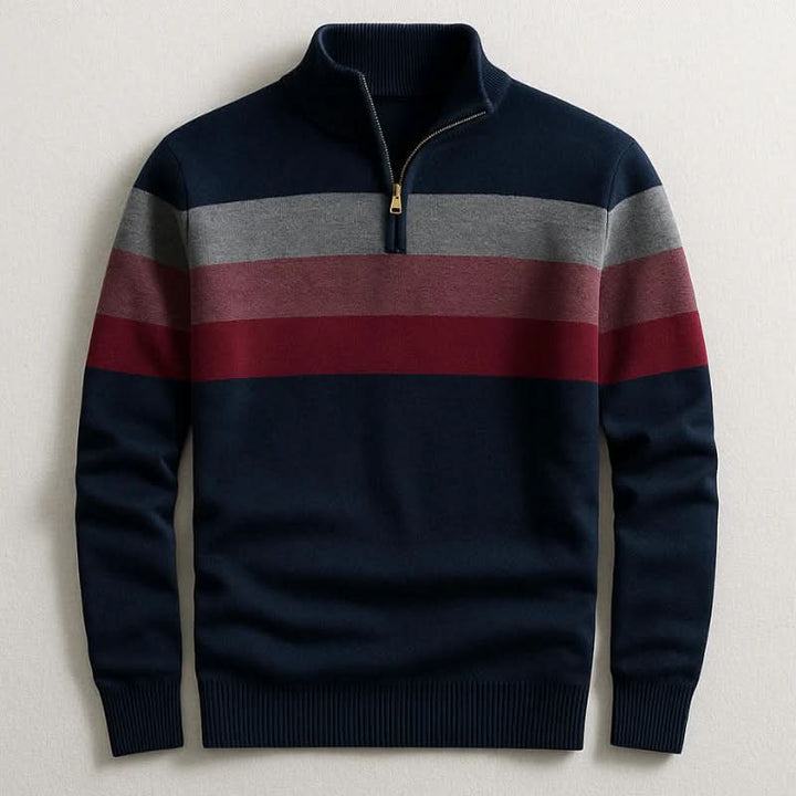 Klassischer Herren-Strickpullover mit Streifen und Viertelreißverschluss