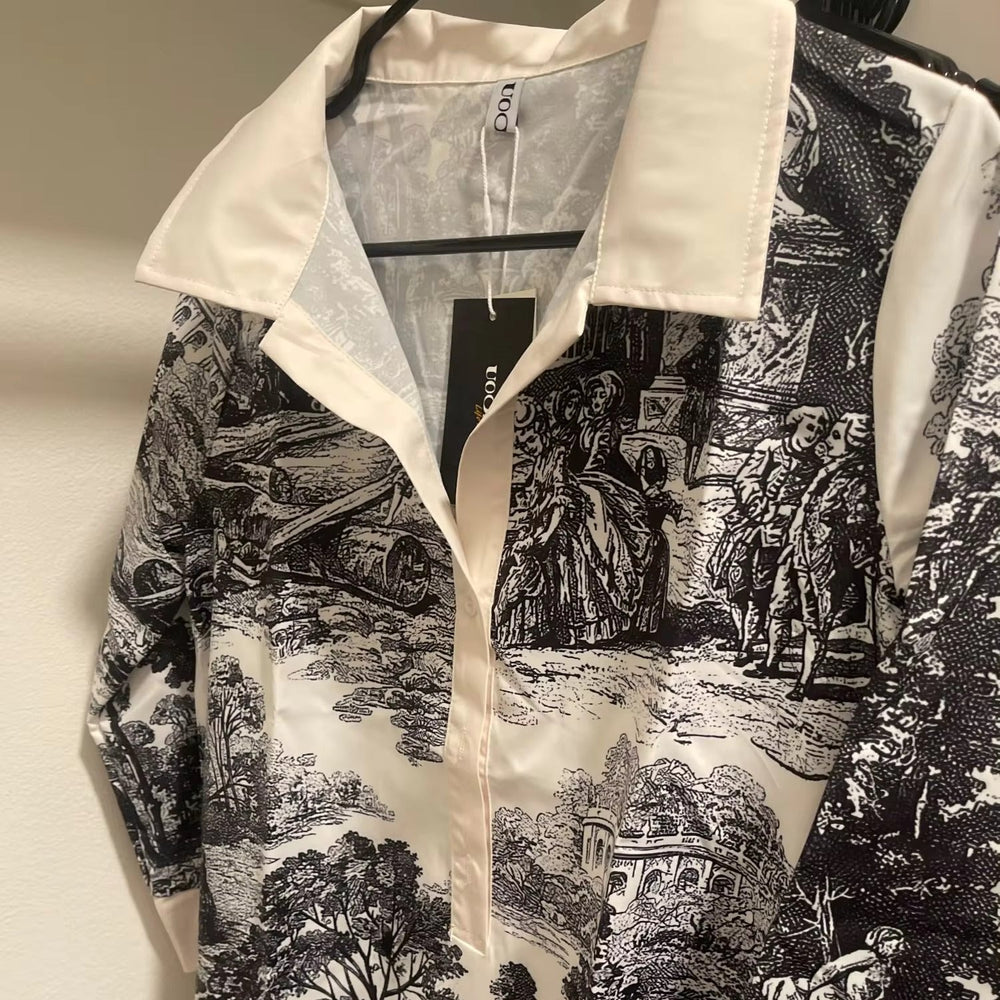 Women's Vintage Toile Prints Mini Tunic Dress-Metro Lane Plaza