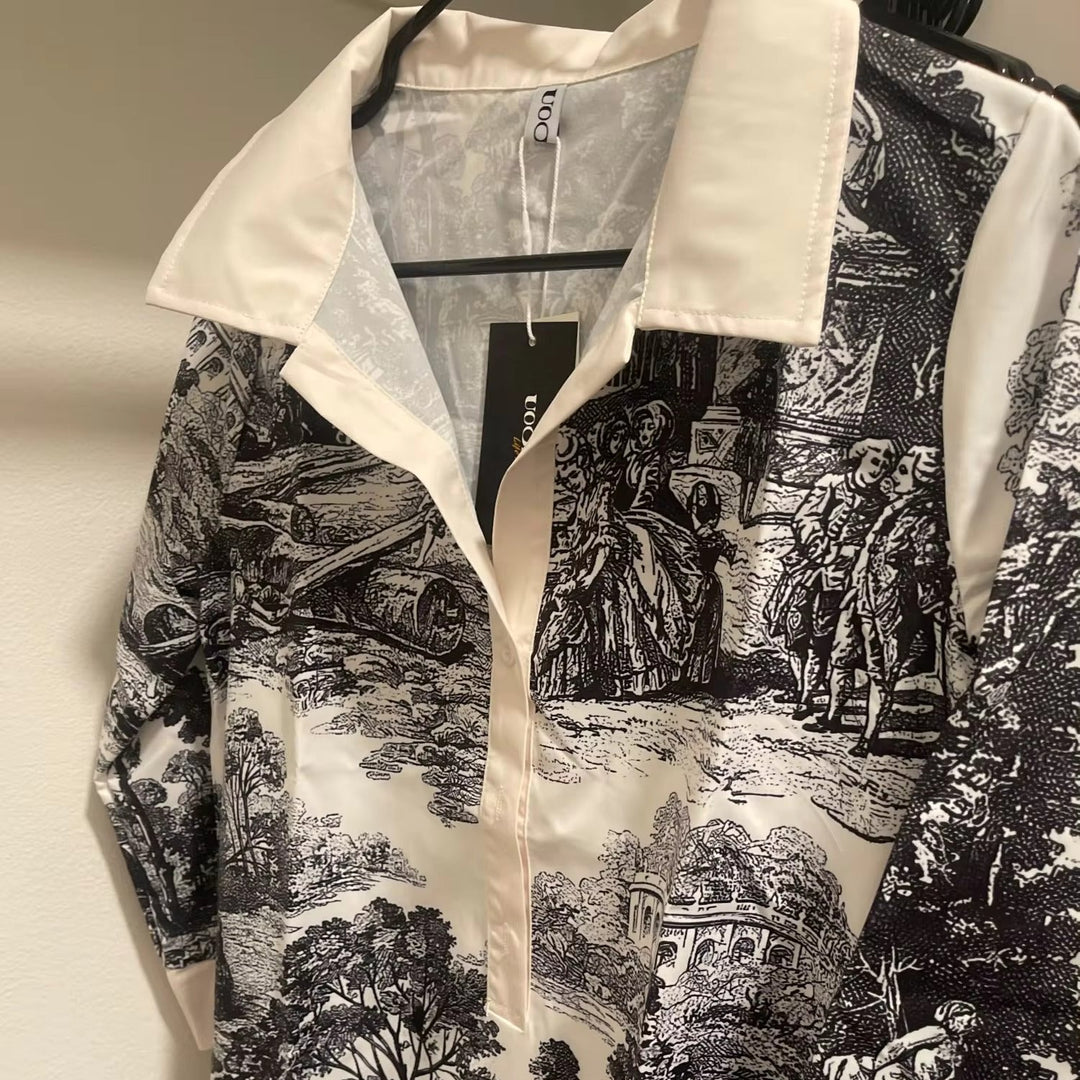 Women's Vintage Toile Prints Mini Tunic Dress-Metro Lane Plaza