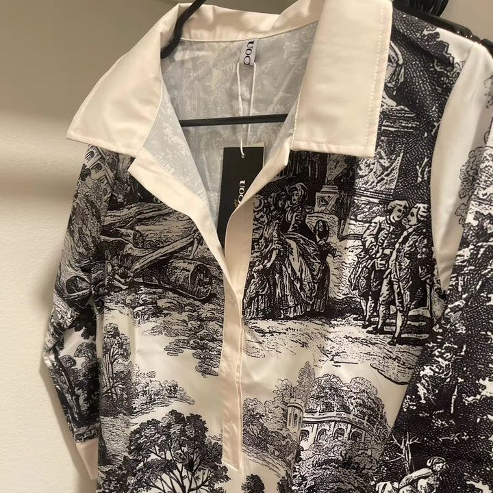 Women's Vintage Toile Prints Mini Tunic Dress-Metro Lane Plaza