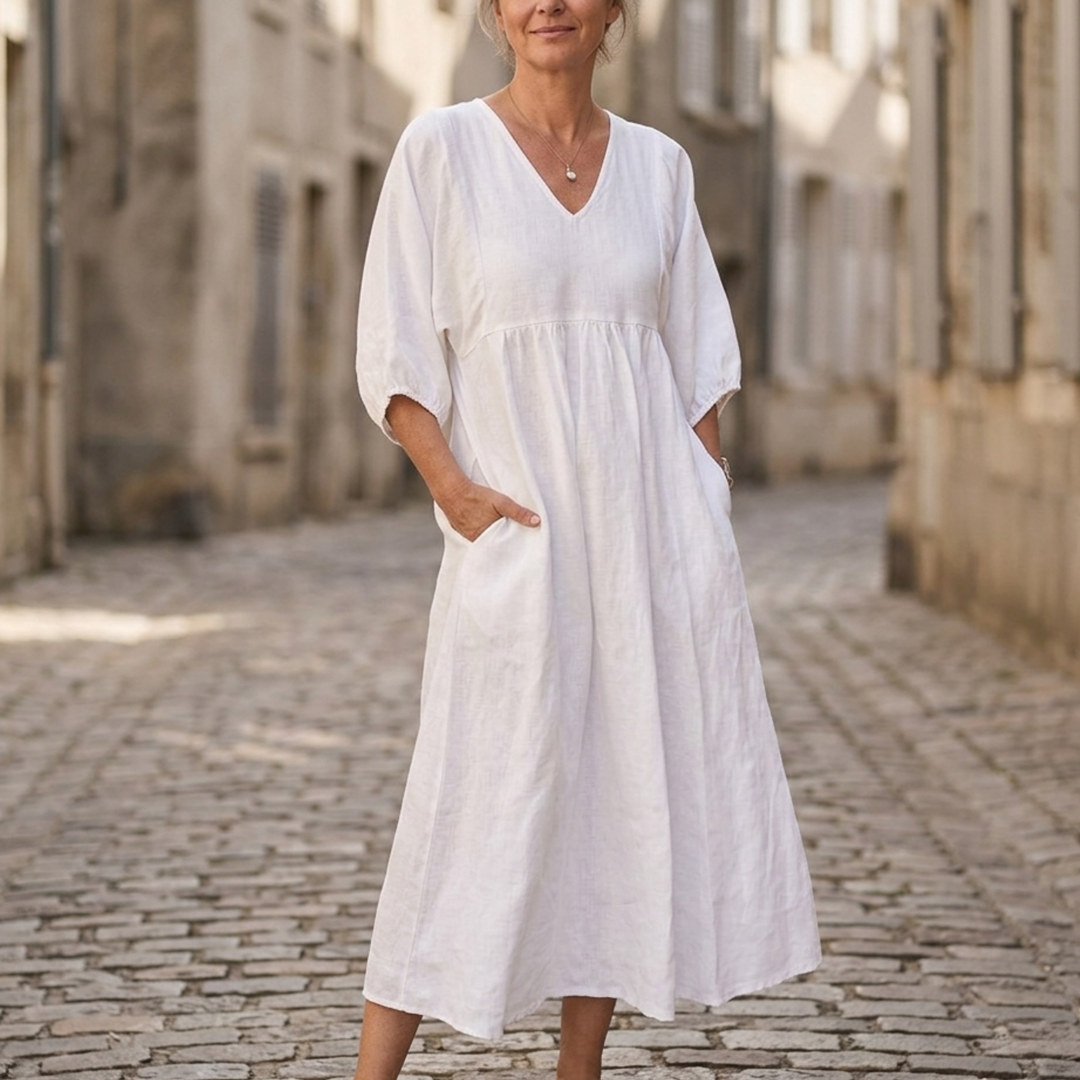 Mia | Women's V Neck Maxi Dress, Loose Fit Midi with Pockets-Metro Lane Plaza