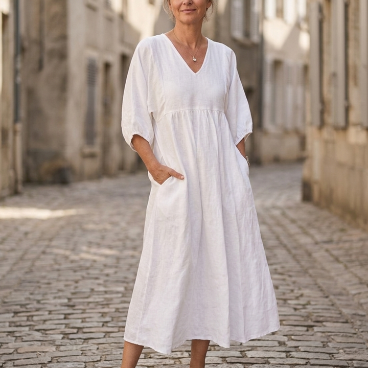 Mia | Women's V Neck Maxi Dress, Loose Fit Midi with Pockets-Metro Lane Plaza