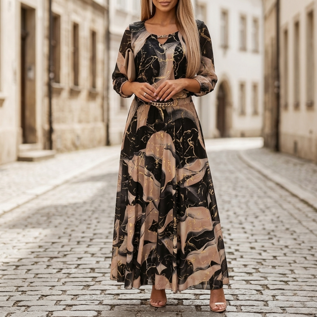 Michele | Women's Casual Long Sleeve V Neck Printed Maxi Dress-Metro Lane Plaza