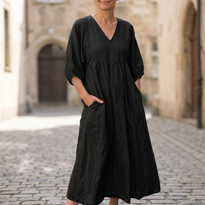 Mia | Women's V Neck Maxi Dress, Loose Fit Midi with Pockets-Metro Lane Plaza