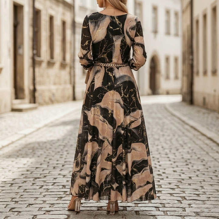 Michele | Women's Casual Long Sleeve V Neck Printed Maxi Dress-Metro Lane Plaza