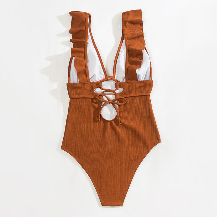 Elisa | Women's Elegant V-Neck Swimsuit with Ruffle Details-Metro Lane Plaza